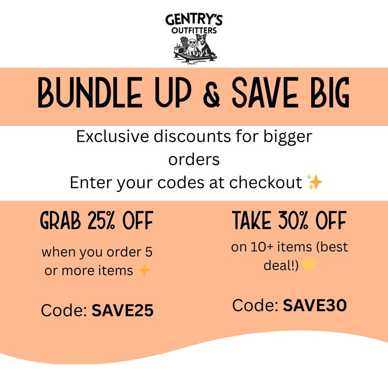 The image is an advertisement for a bundle offer at an Outfitters store. It features a large orange banner with text and a graphic of a person holding a bundle. The banner provides exclusive discounts for bigger orders and encourages customers to enter their codes at checkout to take advantage of the bundle offer.