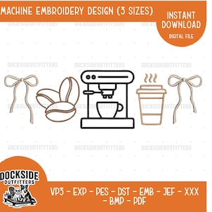 Coffee Shop Embroidery Design, Barista Latte Lover Minimalist Instant Stitch File, Bundle Sizes image 1