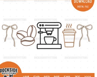 Diseño de bordado de cafetería, archivo de puntada instantánea minimalista para amantes del café con leche y baristas, tamaños de paquete.