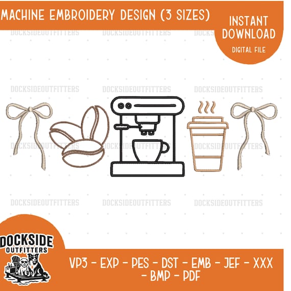 Coffee Shop Embroidery Design, Barista Latte Lover Minimalist Instant Stitch File,  Bundle Sizes