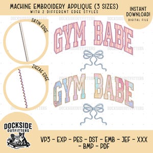 Gym Babe stoffen borduurbestand, ontwerp coquettestrik, satijnen zigzagrand, digitale downloadbundel