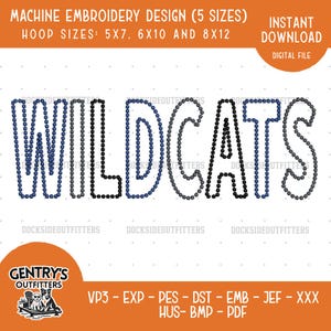 Op de afbeelding: Een digitaal machineborduurontwerp met het woord WILDCATS in een kralenstijl. De tekst wordt weergegeven in afwisselend donkerblauwe en zwarte kleuren. De afbeelding bevat de tekst MACHINE EMBROIDERY DESIGN (5 SIZES) HOOP SIZES: 5X7, 6X10 AND 8X12, INSTANT DOWNLOAD, DIGITAL FILE en de bestandsformaten VP3, EXP, PES, DST, EMB, JEF, XXX, HUS, BMP, PDF.