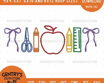 May include: A digital machine embroidery design featuring a red apple outline centered between a purple bow, blue scissors, an orange crayon, a yellow pencil, a green ruler, and another purple bow. Text includes MACHINE EMBROIDERY DESIGN (7 SIZES) 4X4, 5X7, 6X10 AND 8X12 HOOP SIZES INSTANT DOWNLOAD DIGITAL FILE, GENTRY'S OUTFITTERS, and file formats VP3, EXP, PES, DST, EMB, JEF, XXX, BMP, PDF.