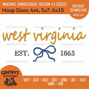 West Virginia Embroidery Bow Design Established Date,  Stitch Pattern File, Digital Bundle