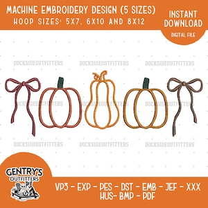 Pode incluir: Design de bordado à máquina com dois laços e três abóboras em estilo de contorno. O texto inclui MACHINE EMBROIDERY DESIGN (5 SIZES), HOOP SIZES: 5X7, 6X10 AND 8X12, INSTANT DOWNLOAD, DIGITAL FILE, GENTRY'S OUTFITTERS, e formatos VP3, EXP, PES, DST, EMB, JEF, XXX, HUS, BMP, PDF.