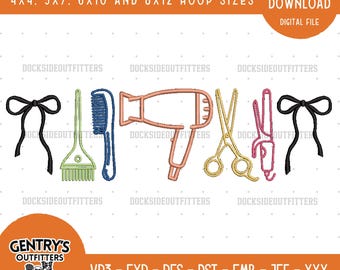 Hair Stylist Embroidery Design | Salon Icons Bow Accent Stitch Pattern Instant Download