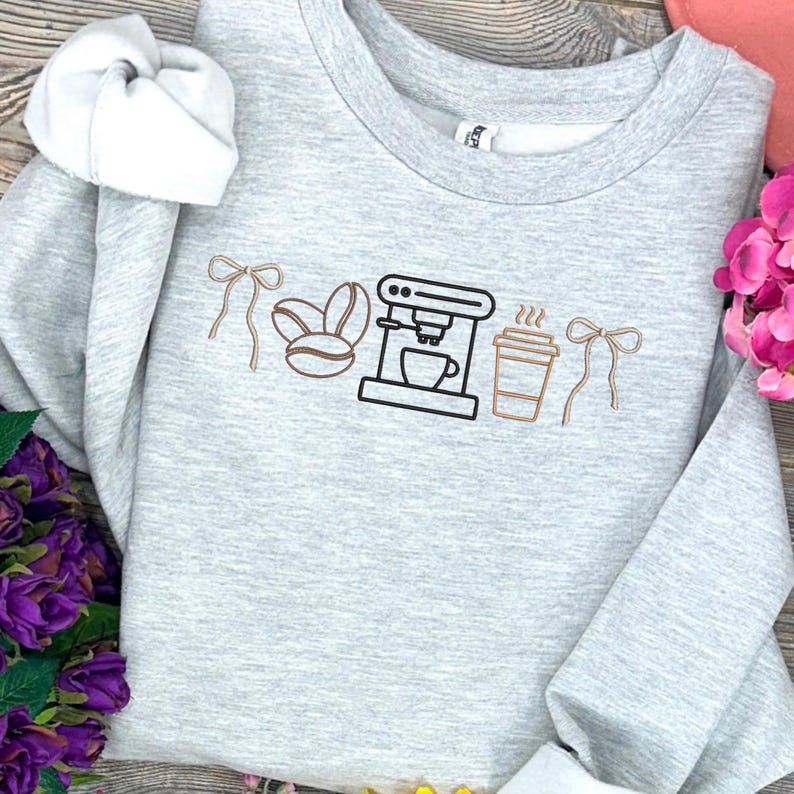 Coffee Shop Embroidery Design, Barista Latte Lover Minimalist Instant Stitch File, Bundle Sizes image 2