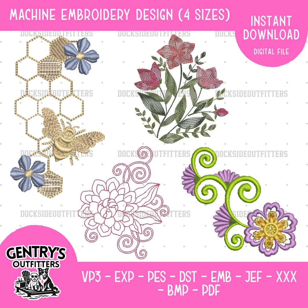 Floral Flower Embroidery Bundle Designs, Botanical Elements, Machine ...
