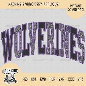 May include: Machine embroidery applique design featuring the word "Wolverines" in a curved, collegiate-style font. The letters are black with silver glitter fill and purple outlines. The design includes the text "Instant Download!"