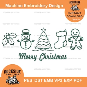 May include: Machine embroidery design with Christmas outlines: holly, snowman, Christmas tree, stocking, and gingerbread man. The words "Merry Christmas" are included. The design is a digital file.