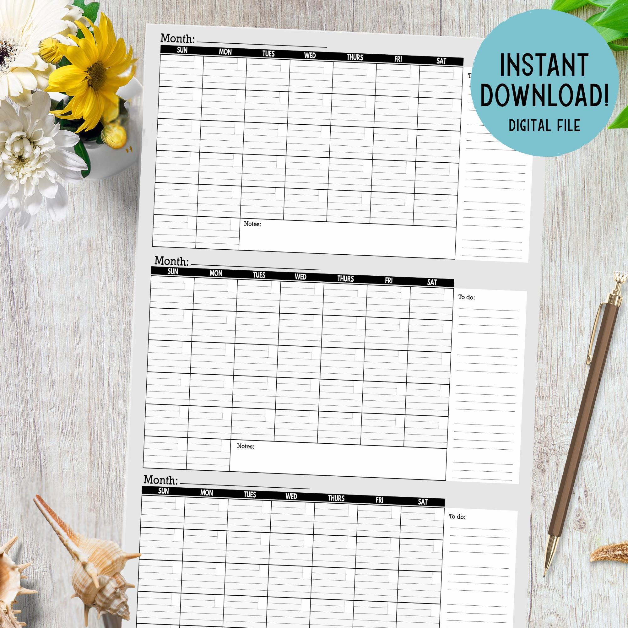 3 Month Wall Calendar: Large Printable Planner (digital Download) PNG