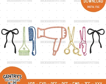 Hair Stylist Embroidery Design, Bow Accent Stitch Pattern, Salon Icons Embroidery File Instant Download