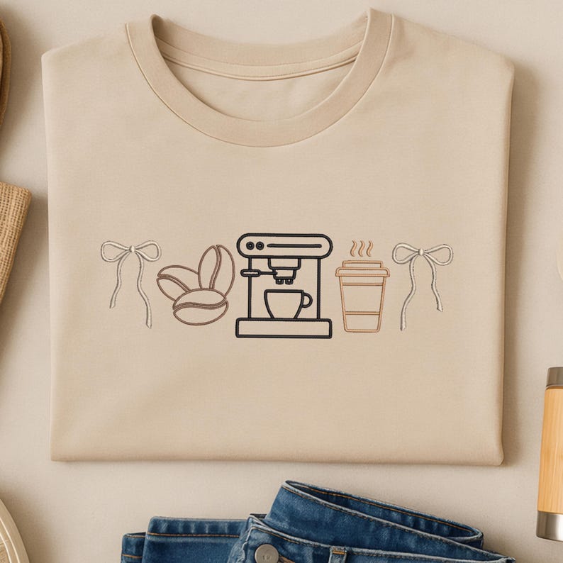 Coffee Shop Embroidery Design, Barista Latte Lover Minimalist Instant Stitch File, Bundle Sizes image 3