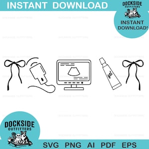 May include: Black and white line art graphic featuring medical ultrasound equipment, including a monitor displaying an image, a probe, and a tube of gel. The image also includes a bow and the text "Instant Download".