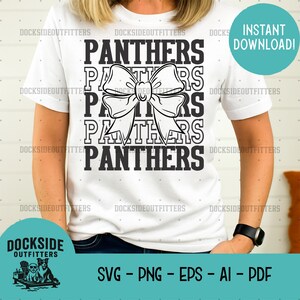A white t-shirt with a graphic design featuring the word "Panthers" repeated in a stylized font, with a bow-like element. The design is centered on the shirt, and the text "Panthers" is prominently displayed.