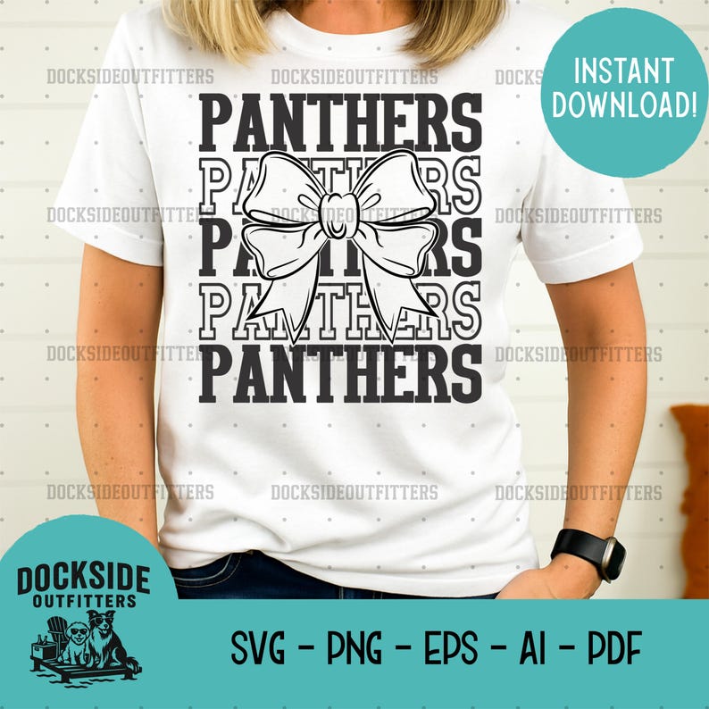 A white t-shirt with a graphic design featuring the word "Panthers" repeated in a stylized font, with a bow-like element. The design is centered on the shirt, and the text "Panthers" is prominently displayed.