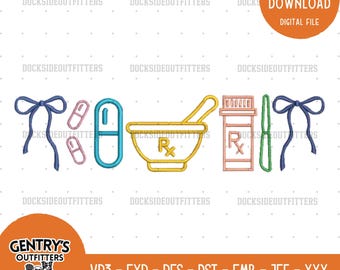 Pharmacy Bow Embroidery Design, Pharmacist Tech Icon Stitch File, Medical Embroidery Bundle Instant Download