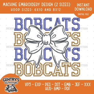 May include: A digital machine embroidery design featuring the word BOBCATS repeated four times in alternating purple and gold varsity-style block lettering, centered with a large white outline bow graphic. Text includes hoop sizes 6x10 and 8x12.