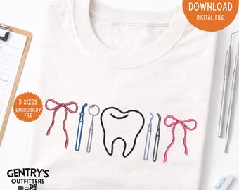Diseño de bordado para asistente dental, diente con lazo, patrón para higienista dental, paquete de descarga instantánea