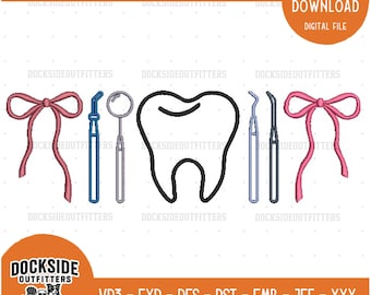 Dental Assistant Embroidery Design, Tooth with Bow File, Dental Hygienist Pattern, Instant Download Bundle