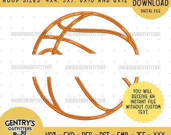 May include: A digital machine embroidery design of a split basketball graphic in orange. Text includes MACHINE EMBROIDERY DESIGN (5 SIZES), HOOP SIZES: 4X4, 5X7, 6X10 AND 8X12, INSTANT DOWNLOAD, DIGITAL FILE, and a list of file formats: VP3, EXP, PES, DST, EMB, JEF, XXX, HUS, BMP, PDF.