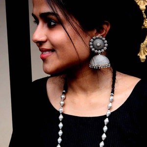 925 Silver Dholki Single line beaded necklace- Oxidized Silver Jewellery India- Classic Traditional Antique Long silver necklace for women