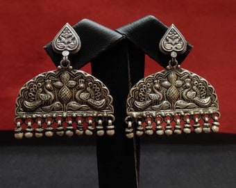 925 Silver Double Peacock Earrings- Sterling Silver Dangle Earrings-Contemporary Earrings- Oxidized Silver Statement Edgy Handmade Earrings