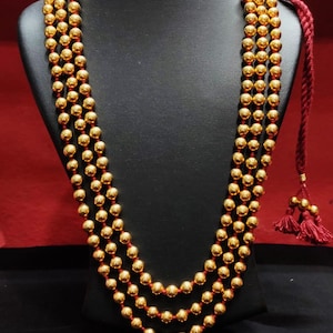 Three Line Round Gold Necklace, 925 Silver Gold plated Dholki necklace, Three Layered Bollywood long silver beaded necklace, Indian Jewelry