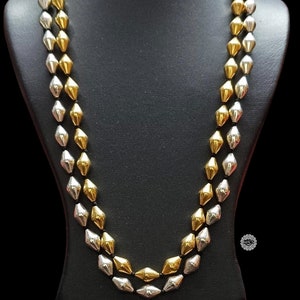 Two Line Silver-Gold Dholki Necklace, Dual tone Dholki Layered necklace, Indian Jewelry Two tone Gold plated beaded Long Statement Necklace