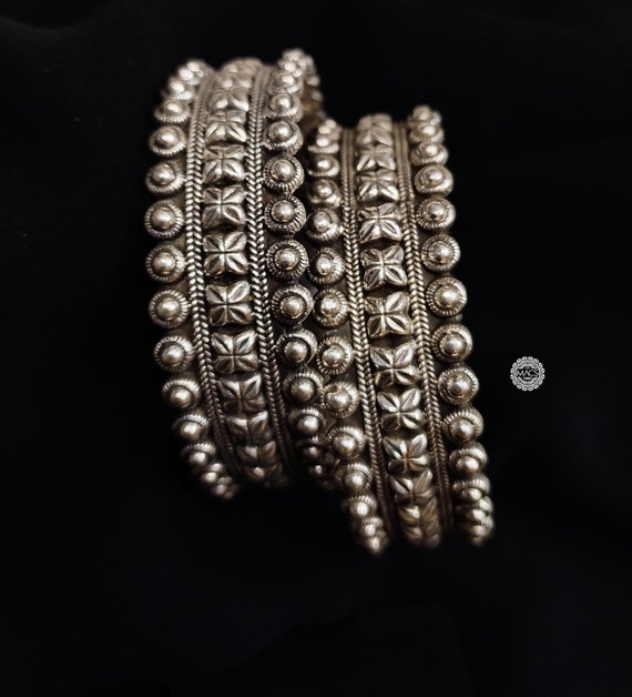 Oxidized Sterling Silver Flower Bangle Set: Indian Silver
