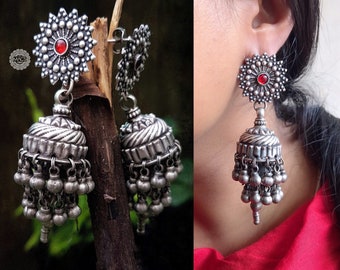 Antique Silver Plated 2 cm Diameter Medium Jhumkas Indian Wedding Earrings dd 
