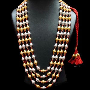 925 Silver Gold plated Dholki necklace, Two tone 4 line Dholki Necklace, Pure Silver Layered Long necklace, Indian Jewelry, beaded necklaces
