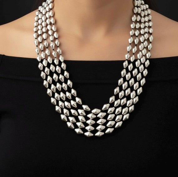 Dholki Necklace Long Silver Beaded Necklace Silver Dholki Mala, Bormala, Single Line Dholki Beads Necklace – Kevasilver