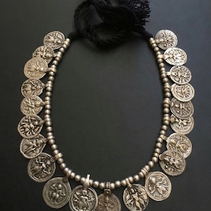 Vintage Silver Necklace- Antique Coin Charm Necklace- Statement Multi Pendant necklace- Indian tribal Oxidized Silver Jewelry for women