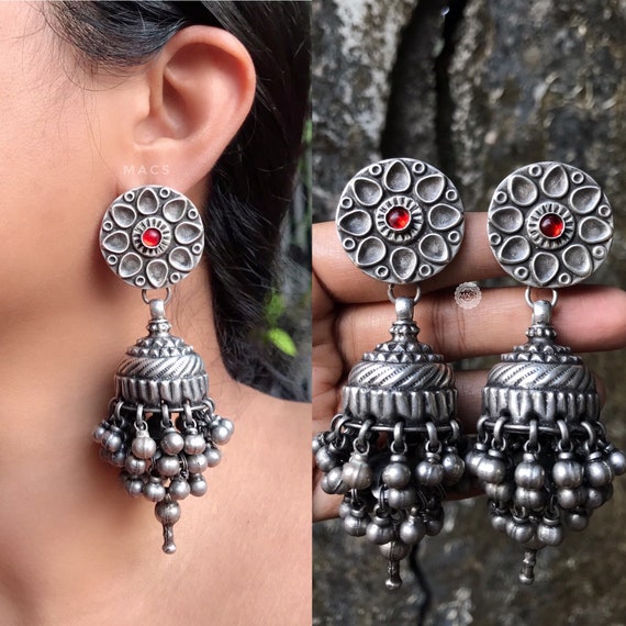 Jhumka modern silver earrings deals