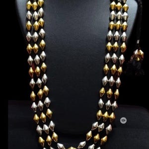 925 Pure Silver Gold plated Dholki necklace, Two tone 3 line Dholki Necklace  Layered necklace, Indian Jewelry, Long Silver beaded necklaces