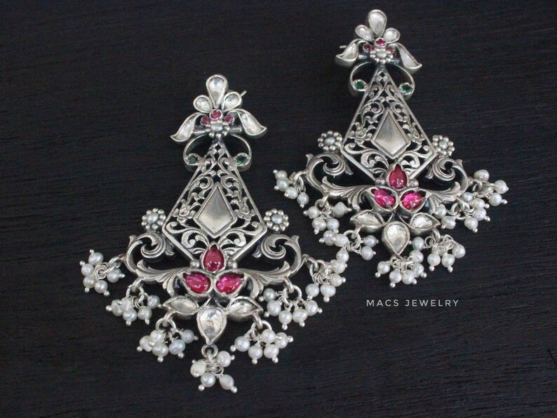 Kundan Earrings Chandbali Earrings Wedding kundan Sabyasachi Jewelry Pink earrings Oxidized Indian Earrings 925 Sterling Silver