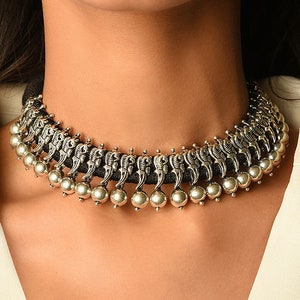 925 Sterling Silver Choker Necklace- Jewellery necklace- Oxidized Silver Thread Jewelry India - Bohemian Bollywood Silvered Gift for Her