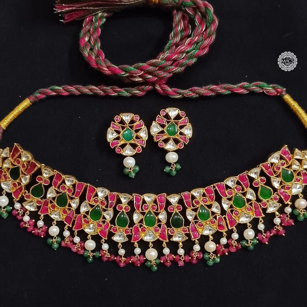 Indian Kundan Wedding Jewelry Set- Ethnic Kundan Choker- 925 Sterling Silver Gold plated Sabyasachi Choker- Pure Silver Fine Kundan