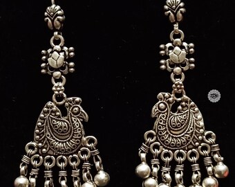 925 Sterling Silver Peacock Ball Drop Earrings- Statement Long Antique Indian Handmade Oxidized Silver- Gifts for her- Women earrings