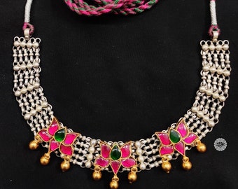 Kundan Lotus Fine Silver Necklace- 925 Sterling Silver Kundan Jewelry- Handmade Choker Necklace- Gold plated Indian Jewellery for women