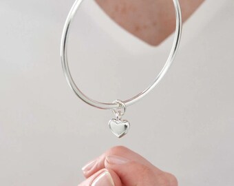 Forever Heart Silver Bangle - Silver Stacking Bangle Bracelets - Valentines Jewellery Gift - Heart Charm Bangle