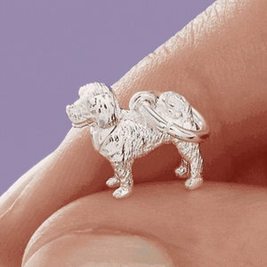 May include: A small, silver dog charm in the shape of a poodle, with a textured finish. The charm has a ring attached to its back. The charm is held between two fingers against a purple background.