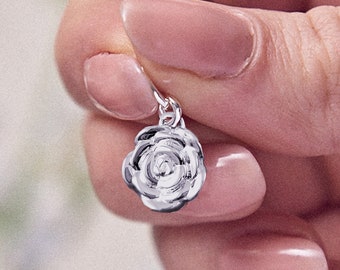 Rose Flower Personalised Silver Bracelet Charm, Engraved Rose Necklace - Rose Charm - Rose Flower Jewelry For Mum - Girlfriend Gift