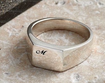 Custom Initials Silver Signet Ring - Silver Signet Ring For Men- Engraved Initial Mans Silver Ring Bespoke Personalised