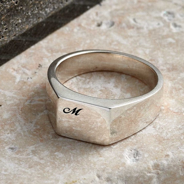 Custom Initials Silver Signet Ring - Silver Signet Ring For Men- Engraved Initial Mans Silver Ring Bespoke Personalised