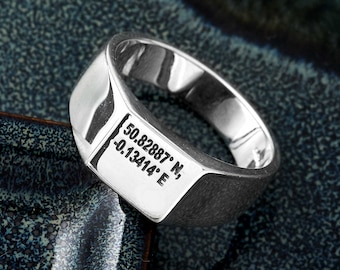 Custom Co-ordinates Signet Ring - Silver Signet Ring For Men- Engraved Coordinates Latitude Longitude Mans Silver Ring Bespoke Personalised