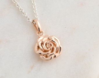 Wild Rose Necklace - Silver & Rose Gold Plated Foral Pendant - Rose Gold Flower Necklace - Rose Flower Pendant