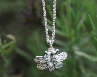 Solid Silver Bee Necklace - Bumble Bee Pendant - Nature Inspired Jewellery