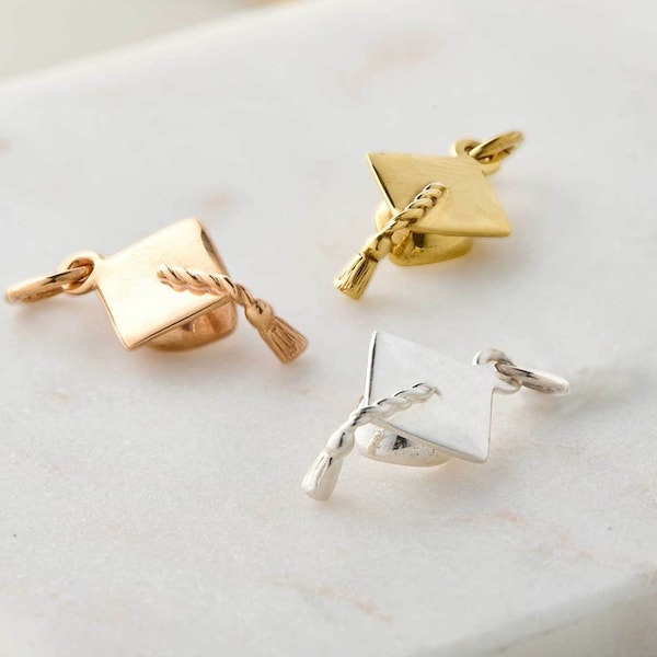 Graduation Cap Charm Solid Silver Or Gold Plate- Mortar Board Charm Rose Gold - Graduation Card & Gift - Passing Exams Masters PHD